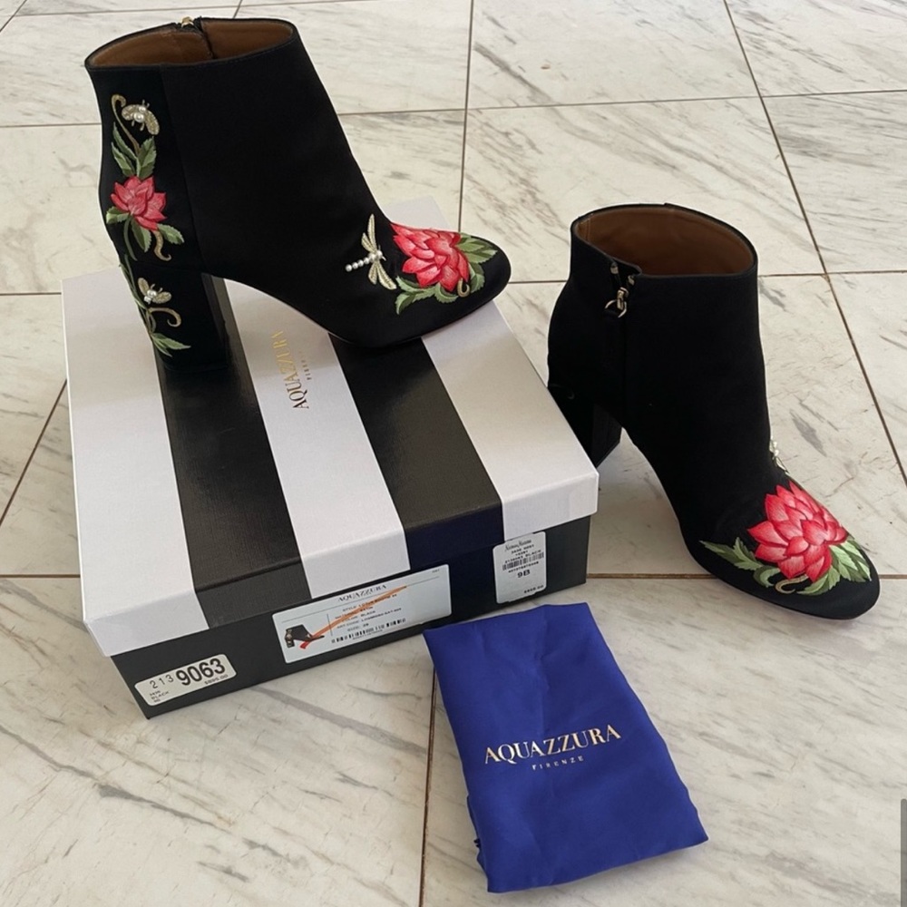 Aquazurra Lotus Satin Floral Embroidered Booties - Picture 12 of 12